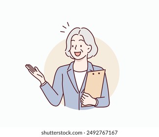 material of a senior woman in a suit who guides with a smile. Hand drawn style vector design illustrations.