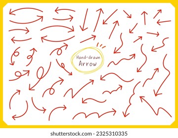 Material set of cute hand-drawn red line arrows in various shapes such as curves, twirls, etc.