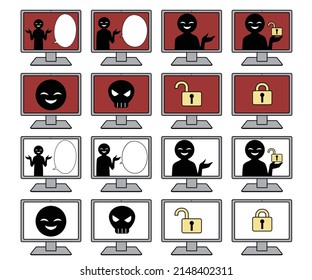 Material set of fraud and hacking images such as suspicious figures on the computer screen