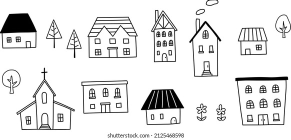 Material set with Hand drawn icon of the townscape