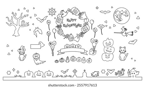 material set of line drawing coloring illustration of Halloween item