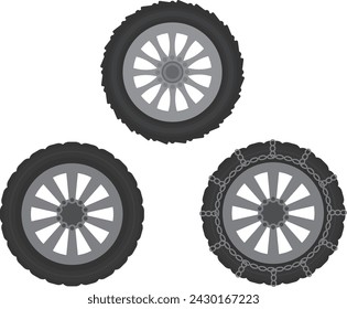 Material set for normal tires, studless tires, and chain-equipped tires