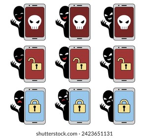 Conjunto de materiales de hackeo de smartphones e imágenes de virus