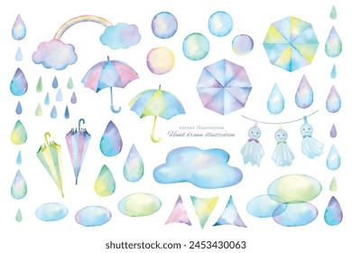 A material set of umbrellas and raindrops drawn by hand in watercolor