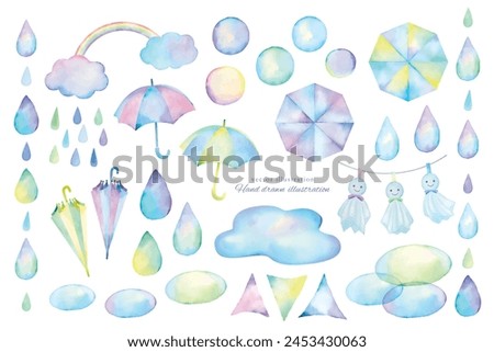 A material set of umbrellas and raindrops drawn by hand in watercolor