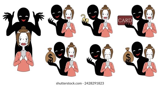 Material set of a woman with a smartphone targeted by a bad guy svg