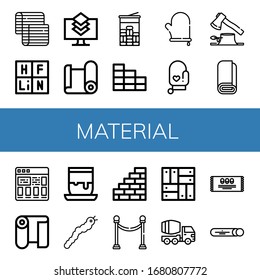 material simple icons set. Contains such icons as Mattress, Periodic table, Layers, Paper roll, Mint, Brick wall, Oven mitt, Deforestation, can be used for web, mobile and logo