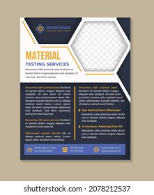 Material Testing Services Flyer Design Template. Multicolor Blue And Orange On The Element. White Background. Hexagon Space For Photo Collage. Vertical Layout Poster Leaflet.