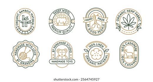 Material and textile logos, labels, icons. A set of 8 material logotypes. Wool, handmade, cotton, sheep wool, cashmere. Ideal for fashion and textile production. Vector illustration