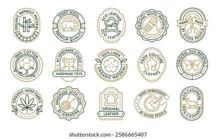 Material and textile logos, labels, icons. A set of 15 material logotypes. Wool, handmade, cotton, sheep wool, cashmere. Ideal for fashion and textile production. Vector illustration