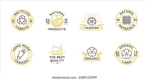 Material and textile logos, labels, icons. A set of 8 material logotypes. Wool, handmade, cotton, sheep wool, cashmere. Ideal for fashion and textile production. Vector illustration