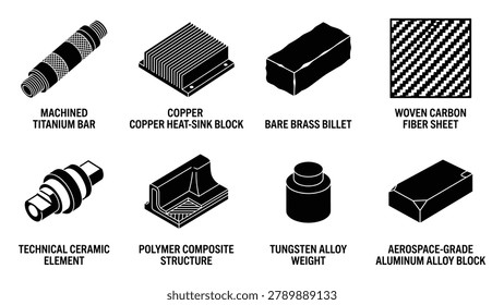 Material types icons, titanium bar, copper heat sink, brass billet, carbon fiber sheet, ceramic element, polymer structure.