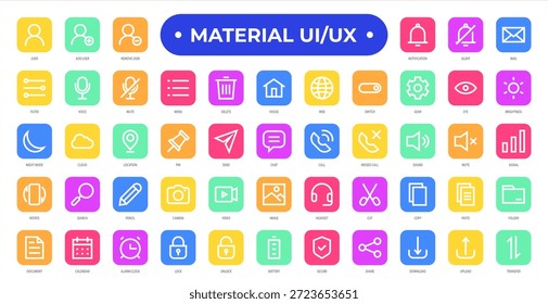 Coleção de conjuntos de ícones de UI UX de material, com controles de interface do usuário, notificações, mídia e ferramentas do sistema. Ideal para design de aplicativos, painéis e produtos digitais modernos.
