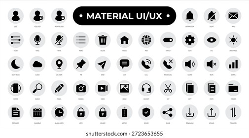 Die Sammlung von UX-Symbolen der Materialbenutzeroberfläche umfasst Steuerelemente für die Benutzeroberfläche, Benachrichtigungen, Medien und Systemtools. Ideal für App-Design, Dashboards und moderne digitale Produkte.