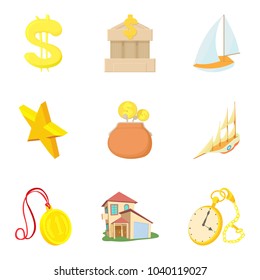 Material welfare icons set. Cartoon set of 9 material welfare vector icons for web isolated on white background