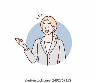 material de una mujer en traje que guía con una sonrisa. Ilustraciones de diseño de Vector dibujado a mano.