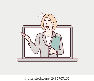 material of a woman in a suit who guides with a smile. Hand drawn style vector design illustrations.