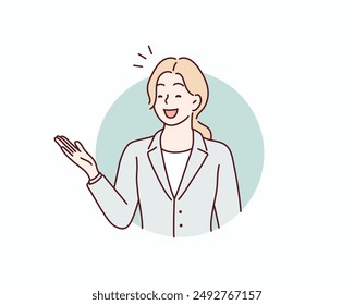 material of a woman in a suit who guides with a smile. Hand drawn style vector design illustrations.