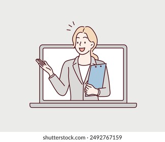 material of a woman in a suit who guides with a smile. Hand drawn style vector design illustrations.