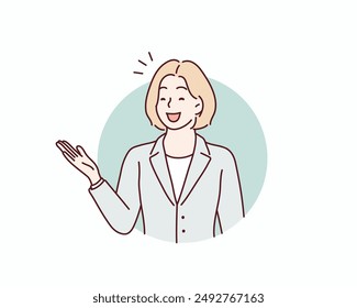 material of a woman in a suit who guides with a smile. Hand drawn style vector design illustrations.