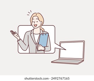 material of a woman in a suit who guides with a smile. Hand drawn style vector design illustrations.