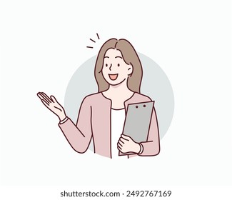 material of a woman who guides with a smile. Hand drawn style vector design illustrations.