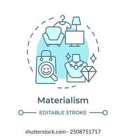 Materialism soft blue concept icon. Social status, emotional wellbeing. Materialistic, consumerism. Round shape line illustration. Abstract idea. Graphic design. Easy to use in infographic