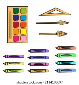 Materials for children 's creativity. Colored pencils, paints,brushes, ruler.Flat style. Isolated on a white background.