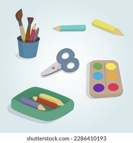 Materialien für die Kreativität von Kindern. Farben, bunte Stifte, Scheren. Einzeln auf weißem Hintergrund.