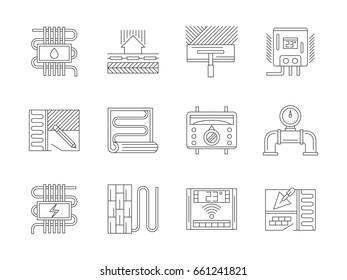 Materials for heated floor. Set of black flat line icon