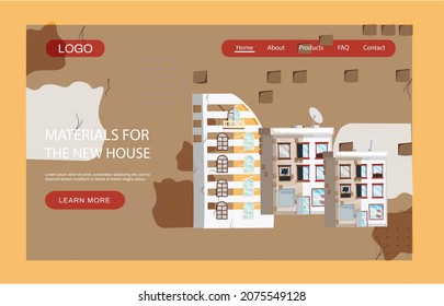 Materials for new house landing page template. Construction and building industry accessories, equipment web site. Goods for interior and facade repairs. Building maintenance and development service