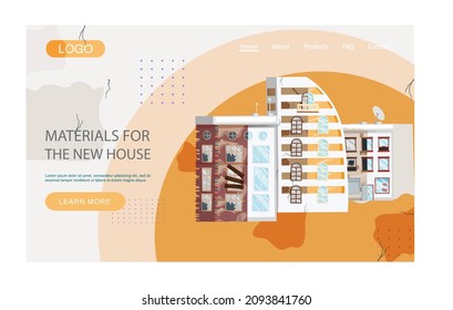 Materials for new house landing page template. Construction and building industry accessories, equipment web site. Goods for interior and facade repairs. Building maintenance and development service