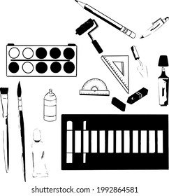 materials, paints, brushes to be used in the painting class