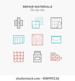 Materials for Repair and construction, thin line color icons set, vector illustration