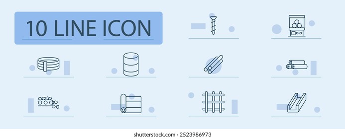 Materials and resources set icon. Coil of wire, oil barrel, lumber, nail, conveyor, construction materials, raw resources, steel beam, factory goods, industrial production