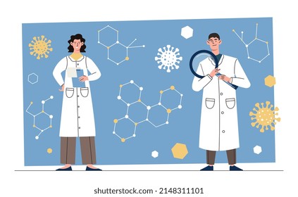 Materials Science Concept. Girl And Man With Magnifying Glass Look At Molecules. DNA Analysis And Research, Drug Development. Scientific Experiment In Laboratory. Cartoon Flat Vector Illustration