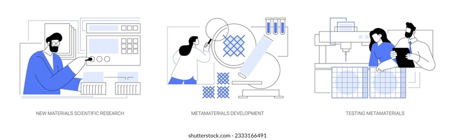 Materials scientist abstract concept vector illustration set. New materials scientific research, metamaterials development and testing, 3D printing in lab, experiments and research abstract metaphor.