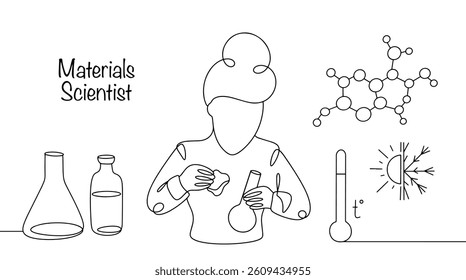 A materials scientist analyzes how different materials behave under different loads, temperatures, chemical exposure, and other factors. A woman studies the properties and characteristics of materials
