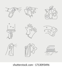 Materials for washing and cleaning. Vector illustration in thin line style. Cleaning means and materials for housekeeping. Disinfection, destruction of infections, maintaining cleanliness.