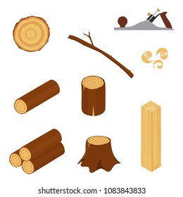 Materials for wood industry. Tree lumber, trunk. Vector pictures set in cartoon style. Wooden trunk, ilustration of firewood material