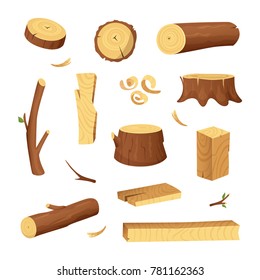 Materials For Wood Industry. Tree Lumber, Trunk. Vector Pictures Set In Cartoon Style. Wooden Trunk, Ilustration Of Firewood Material