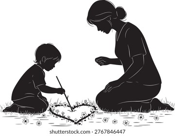 Maternal bond depicted in a simple outdoor scene. Ideal for greeting cards and family-themed promotions on Mother's Day.