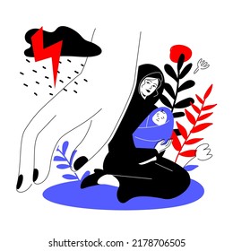 Maternal care - modern colorful flat design style illustration on white background. A scene with mother sheltering a baby from a storm and a thunder. Protection, care, love and family relations