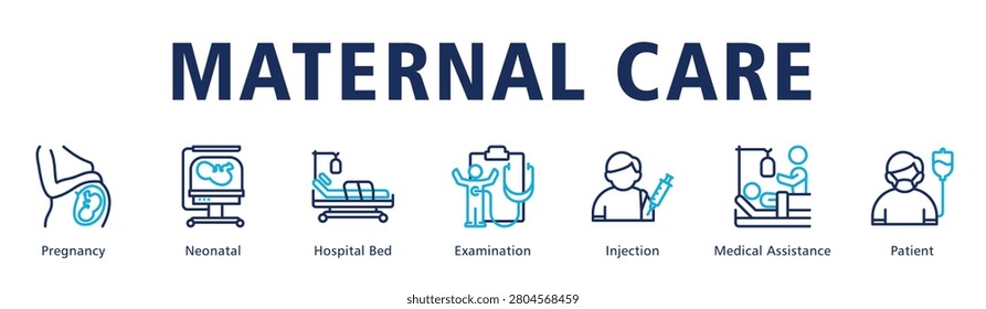 Maternal Care web banner icon vector illustration presenting prenatal monitoring, newborn care and supportive hospital services.