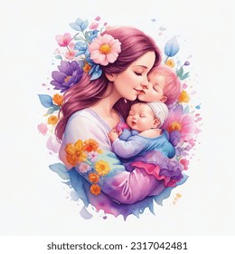 Maternal Euphoria: Watercolor Painting Portraying a Mother's Happiness