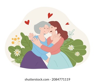 Maternal hugs concept. Grandmother and girl take care of each other, mom and daughter meeting. Good relationship between two people, love. Mothers Day Greeting Cards. Cartoon flat vector illustration