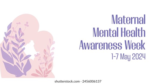 Semana de concientización de salud mental materna Anuncio con la Ilustración vectorial de la silueta de la madre y el bebé. Asistencia de campaña de mujeres embarazadas y madres jóvenes. Ayuda familiar. Diseño para tarjetas y redes sociales.