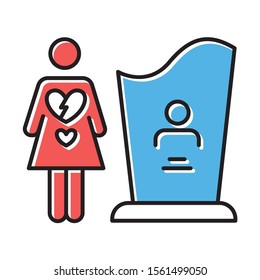 Maternal mortality color icon. Woman grieving, man death. Girl heartbroken. Death of partner, child. Funeral for significant other. Mourn family member. Grave tomb stone. Isolated vector illustration