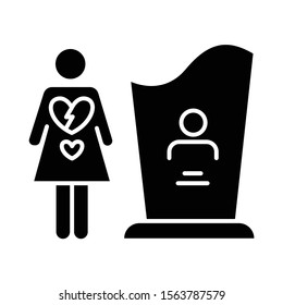 Maternal mortality glyph icon. Woman grieving, man death. Girl heartbroken. Death of partner, child. Funeral for significant other. Silhouette symbol. Negative space. Vector isolated illustration