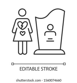 Maternal mortality linear icon. Woman grieving. Girl heartbroken. Death of partner, child. Mourn family member. Thin line illustration. Contour symbol. Vector isolated outline drawing. Editable stroke